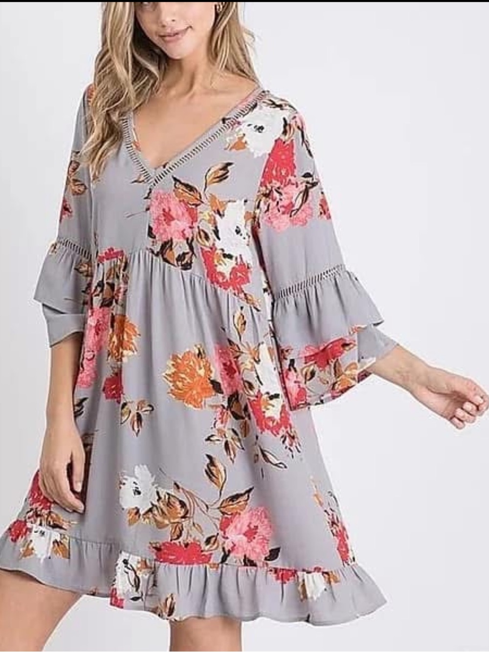 17. NWT Jodifl Gray Floral Print V-Neck Ruffle Swing Dress